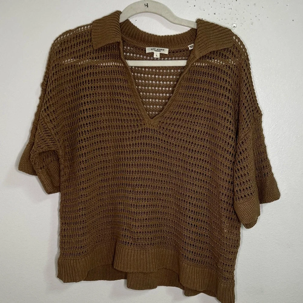 Max Studio loose knit crochet collared top - Picture 1 of 6